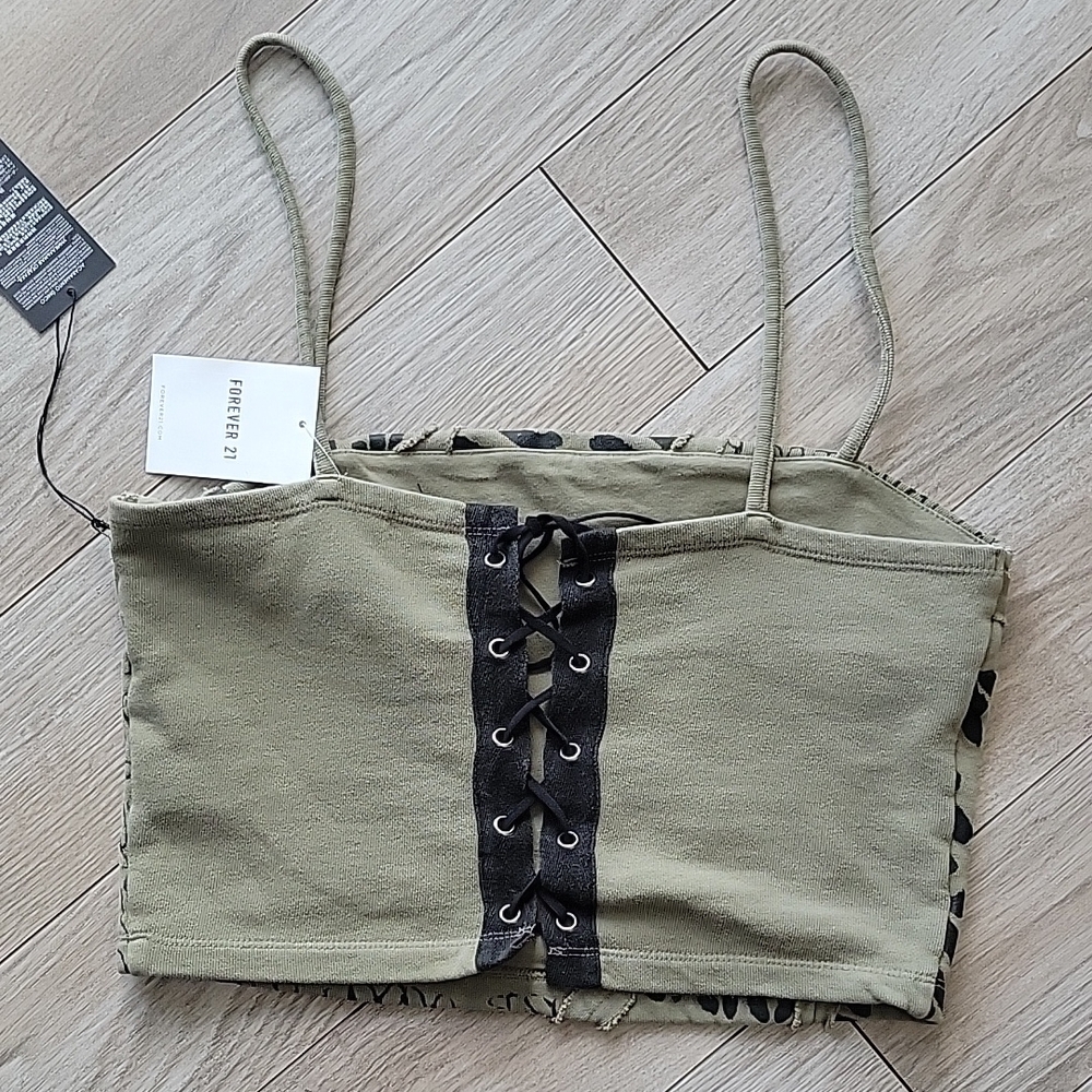 Corset Crop Olive Green Printed Women's Top - Picture 3 of 5